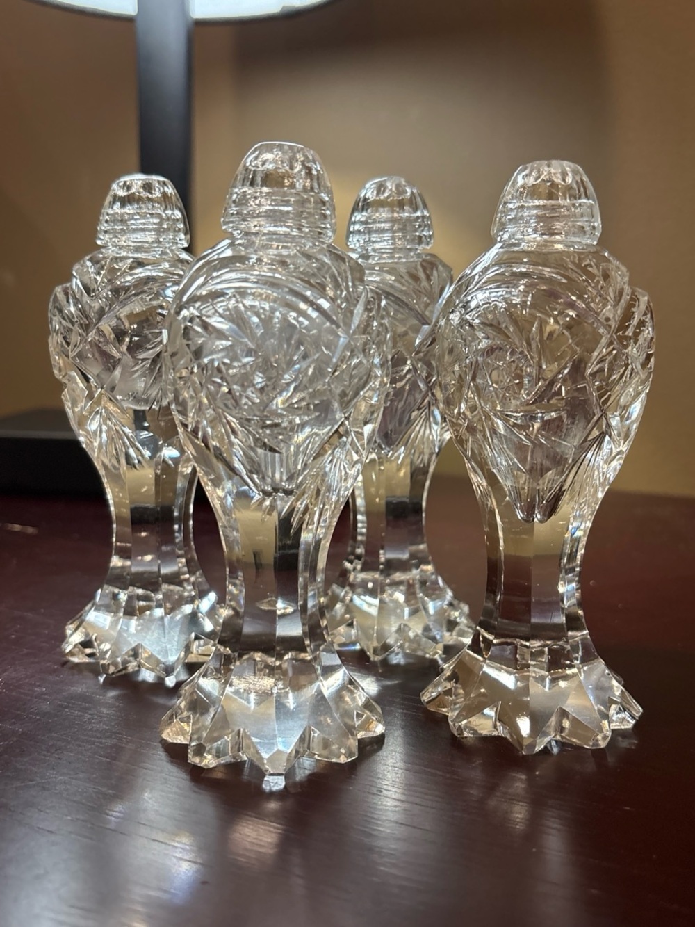Vintage 1960s Set of 4 Bohemian Cut Glass Salt & Pepper Shakers 5” Tall w/ Lids